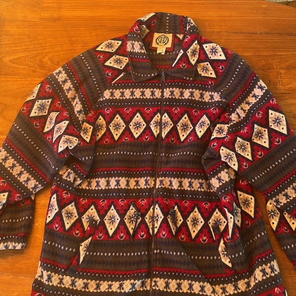 R&R fleece fair isle zipup with collar, burgundy/white/navy - Picture 2 of 5